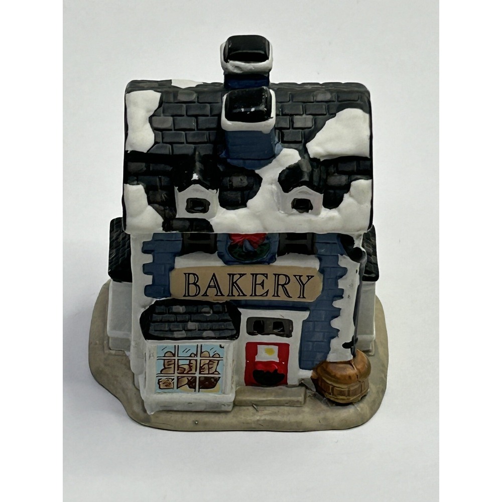 Vintage Porcelain Christmas Small Village Bakery Shop Blue Winter Holiday Decor